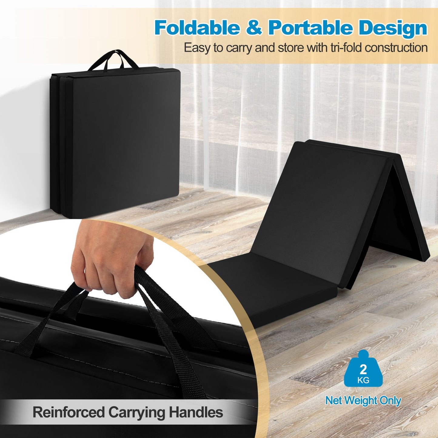 Tri-Fold Folding Exercise Mat with PU Leather Cover