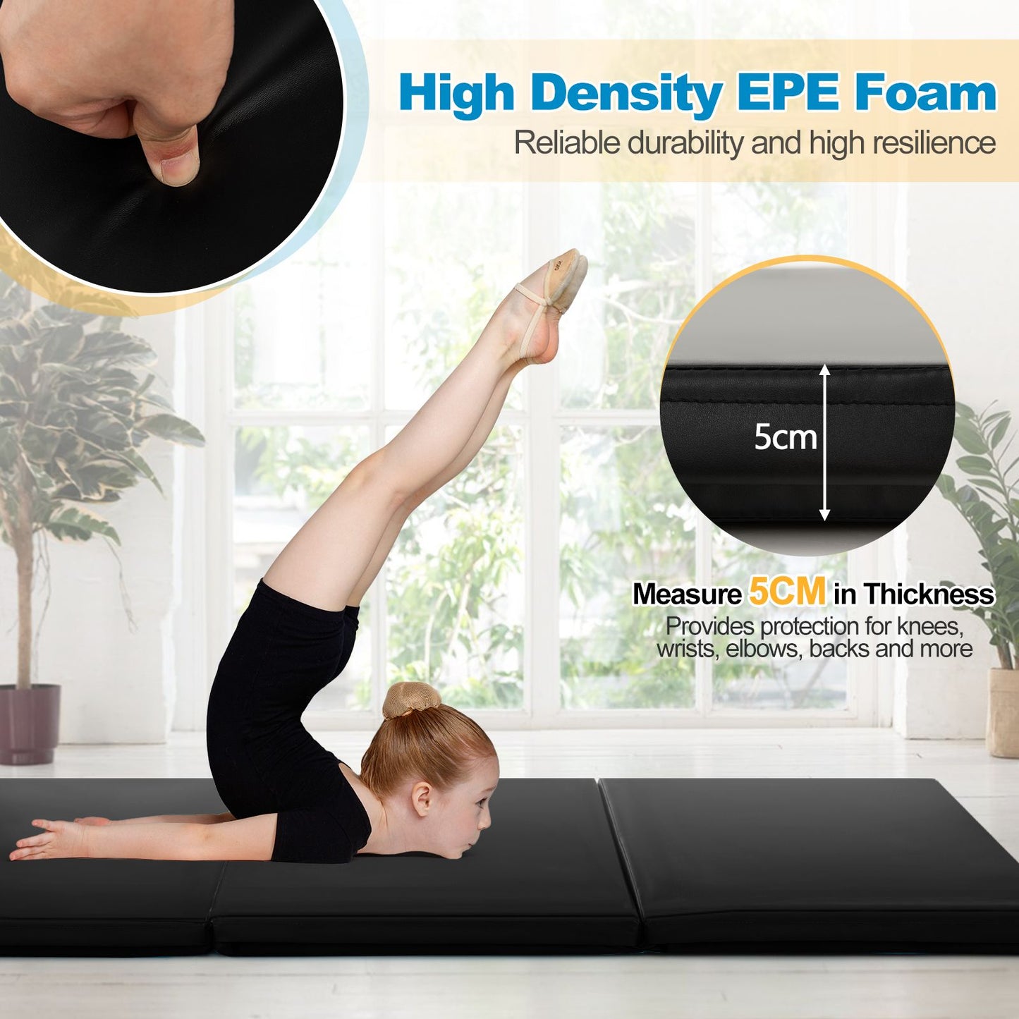 Tri-Fold Folding Exercise Mat with PU Leather Cover